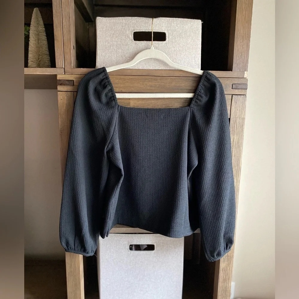 Madewell crepe square-neck puff-sleeve top black small A63